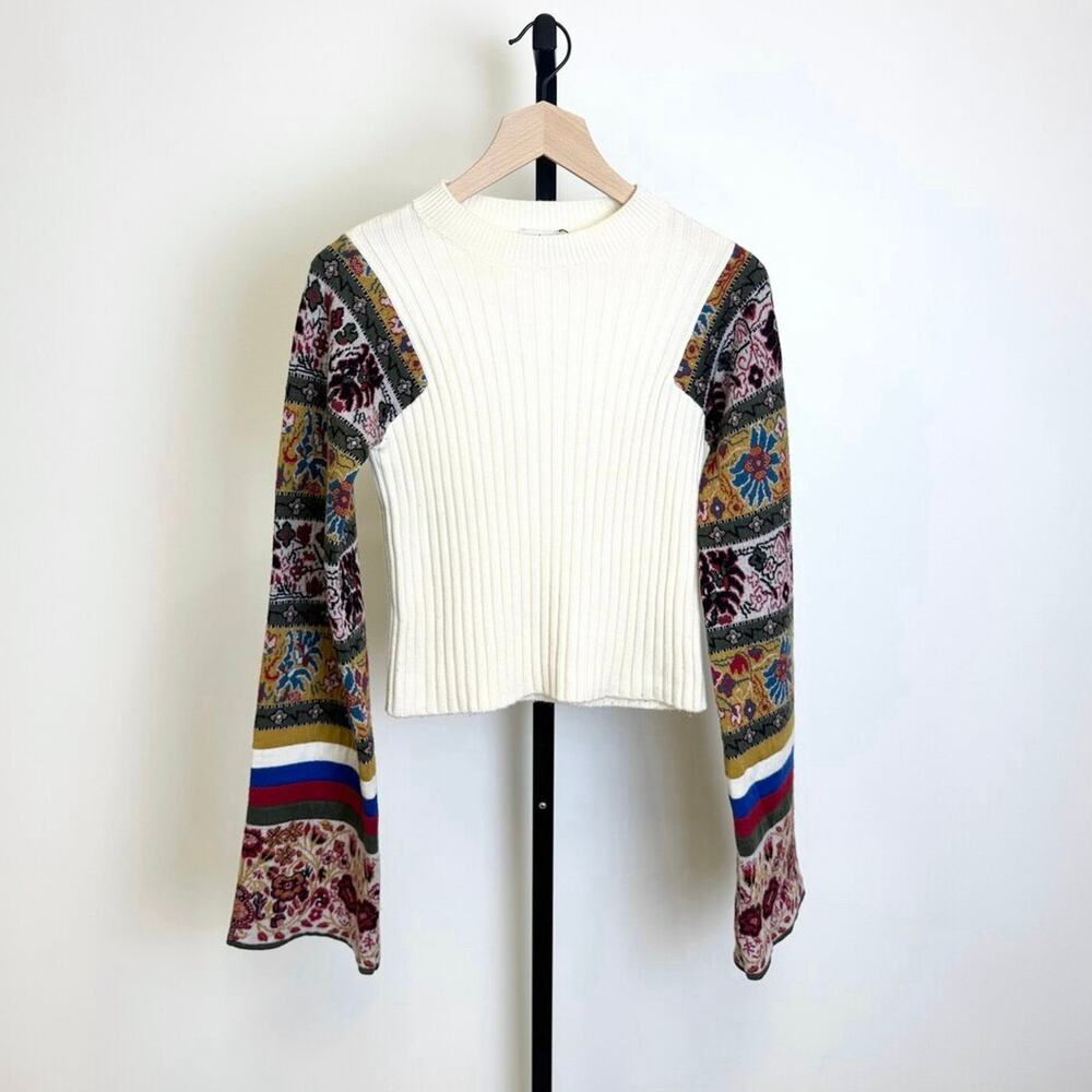ETRO Ribbed Knit Wool Patterned Crewneck Sweater 40 Cropped Wide Long Sleeves